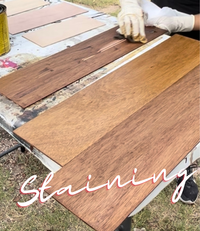 bathroom remodel part 4- staining strips of underlayment project panel for ceiling